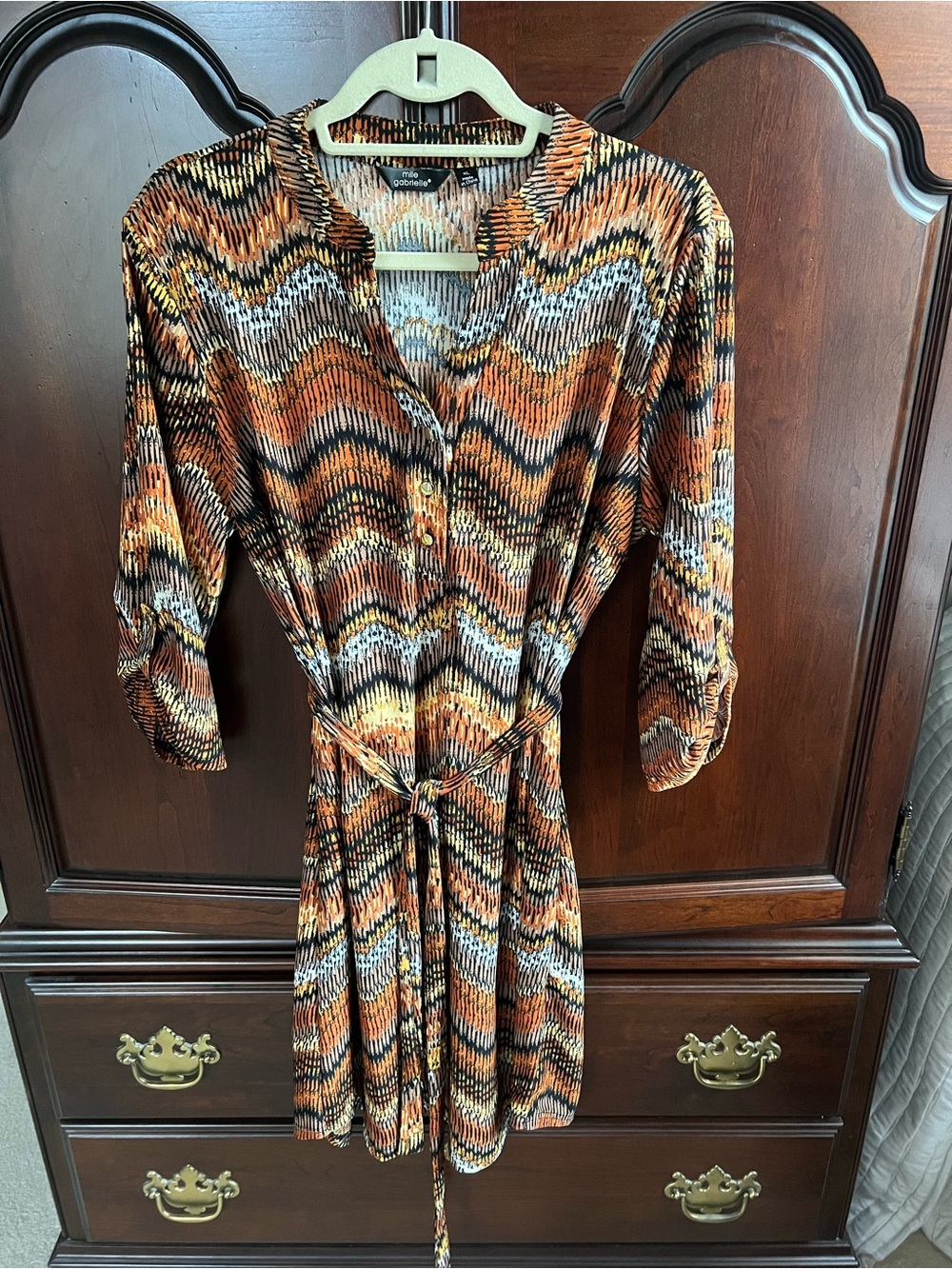 Mlle Gabrielle Orange and Black Chevron Belted Dress